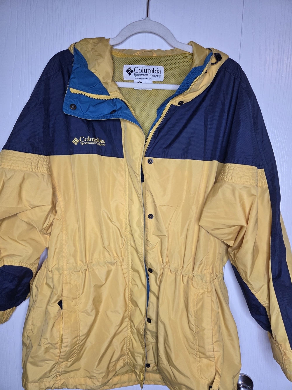Vintage Columbia Womens Colorblock Hooded Ski Jacket Yellow Blue Size Large